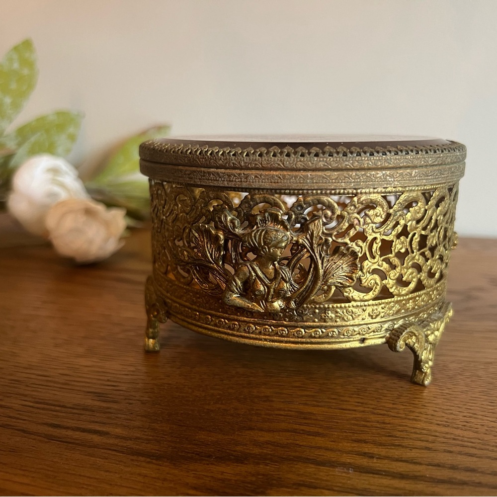 Vintage Ormolu Jewelry Box | Gold Filigree Glass Trinket Box | Victorian Vanity